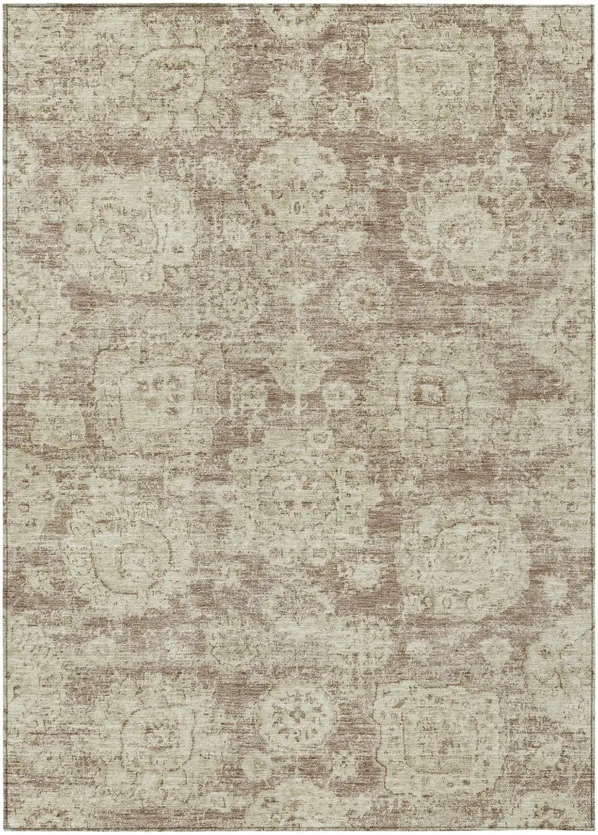 Brown Tan And Beige Floral Washable Indoor Outdoor Area Rug Photo 2