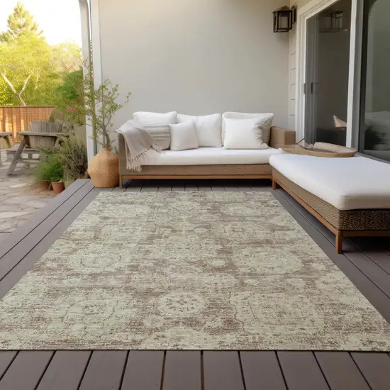 Brown Tan And Beige Floral Washable Indoor Outdoor Area Rug Photo 9