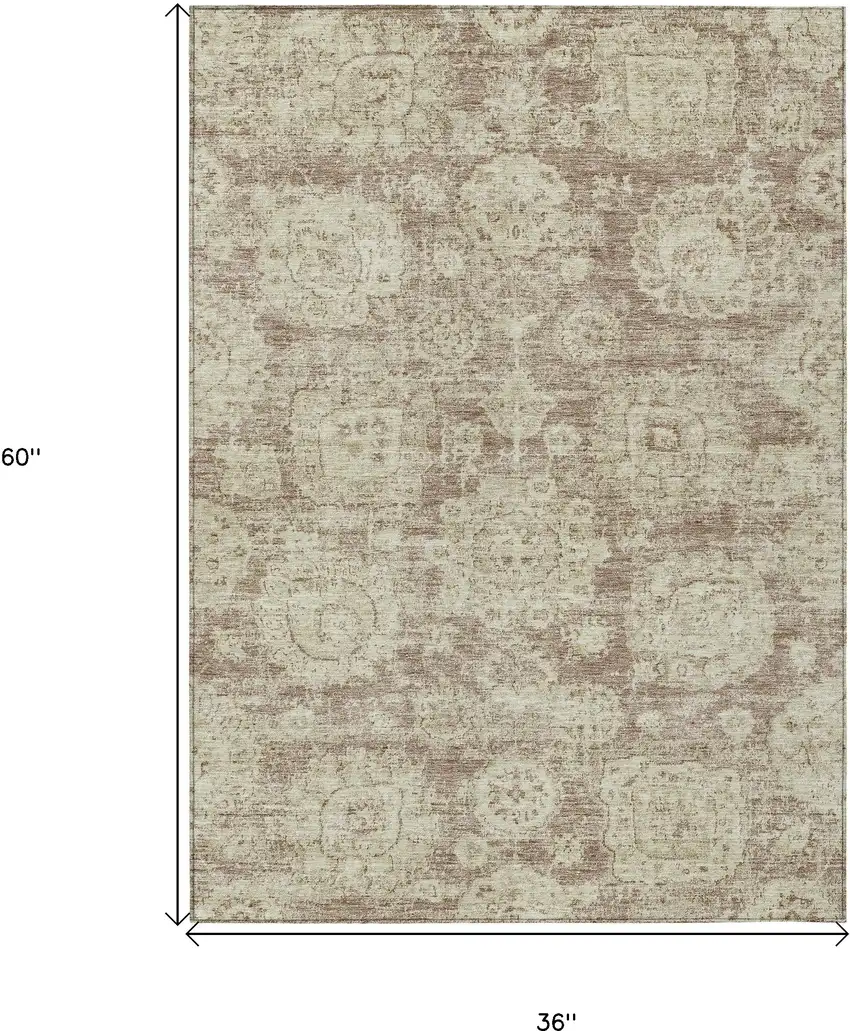 Brown Tan And Beige Floral Washable Indoor Outdoor Area Rug Photo 3