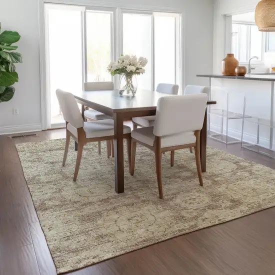 Brown Tan And Beige Floral Washable Indoor Outdoor Area Rug Photo 8