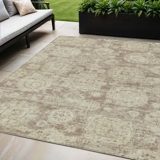 Brown Tan And Beige Floral Washable Indoor Outdoor Area Rug Photo 1