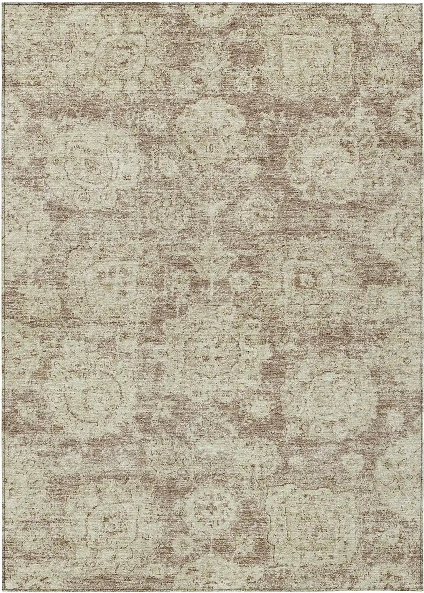 Brown Tan And Beige Floral Washable Indoor Outdoor Area Rug Photo 1