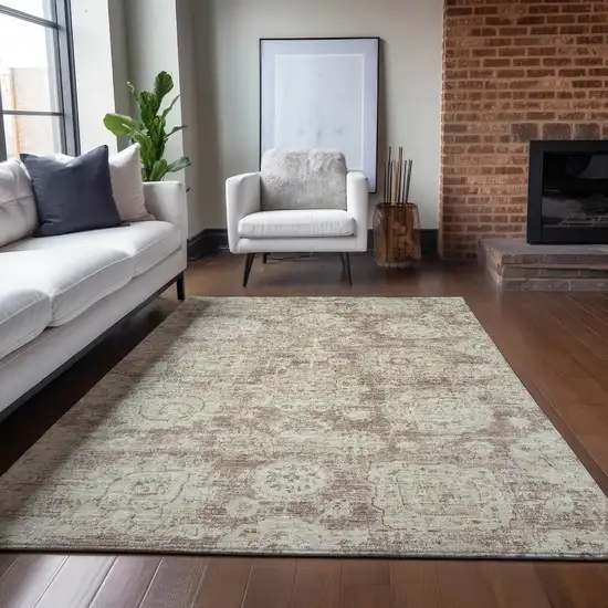 Brown Tan And Beige Floral Washable Indoor Outdoor Area Rug Photo 7
