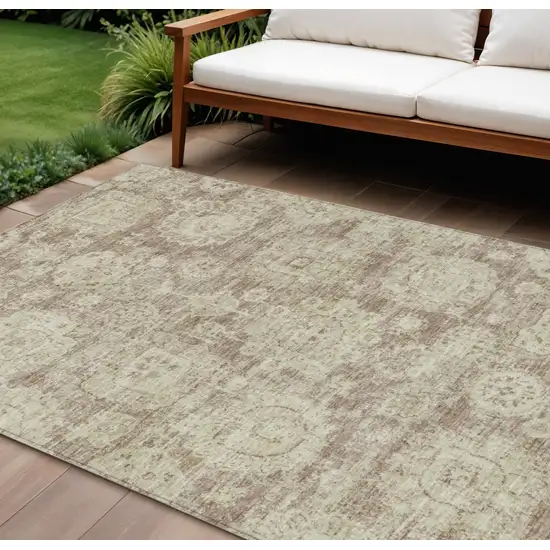 Brown Tan And Beige Floral Washable Indoor Outdoor Area Rug Photo 1