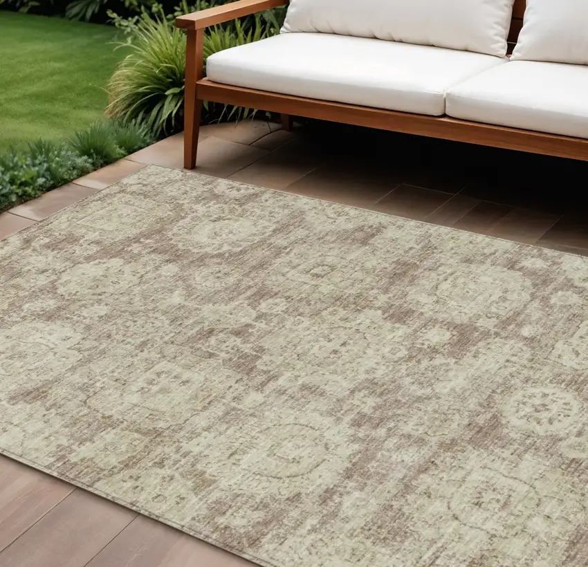 Brown Tan And Beige Floral Washable Indoor Outdoor Area Rug Photo 1