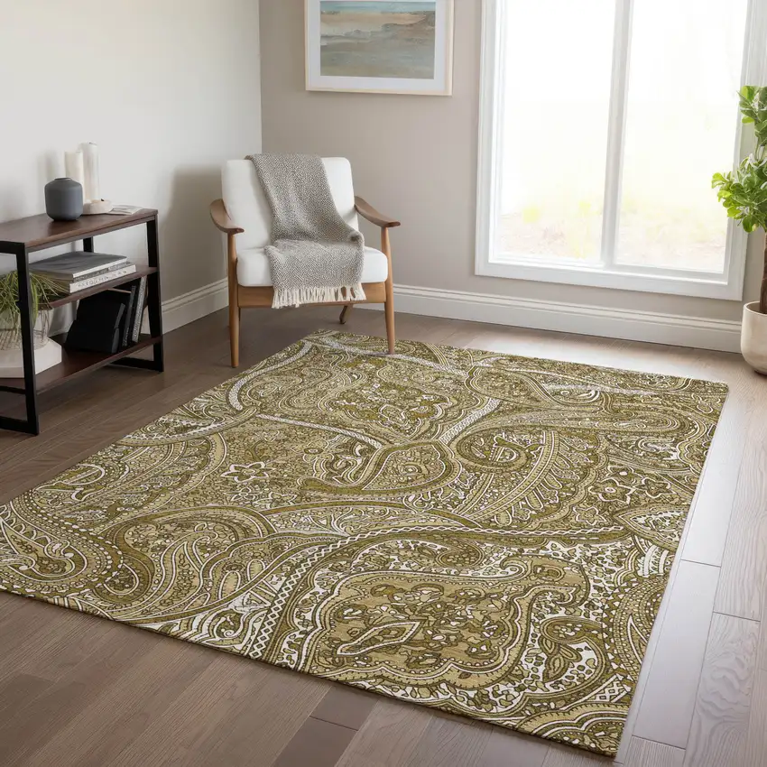 Brown Tan And Beige Paisley Washable Indoor Outdoor Area Rug Photo 7