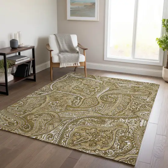 Brown Tan And Beige Paisley Washable Indoor Outdoor Area Rug Photo 7