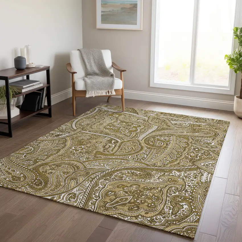 Brown Tan And Beige Paisley Washable Indoor Outdoor Area Rug Photo 7