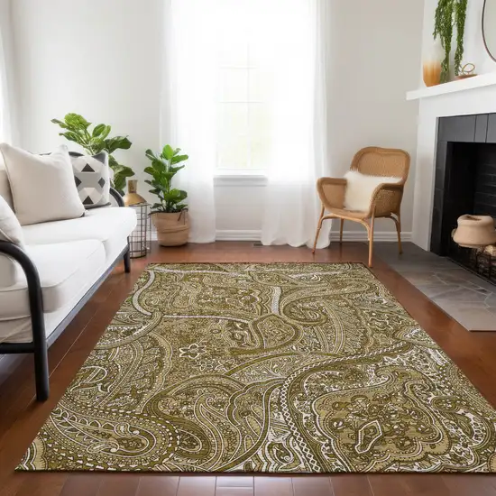 Brown Tan And Beige Paisley Washable Indoor Outdoor Area Rug Photo 8