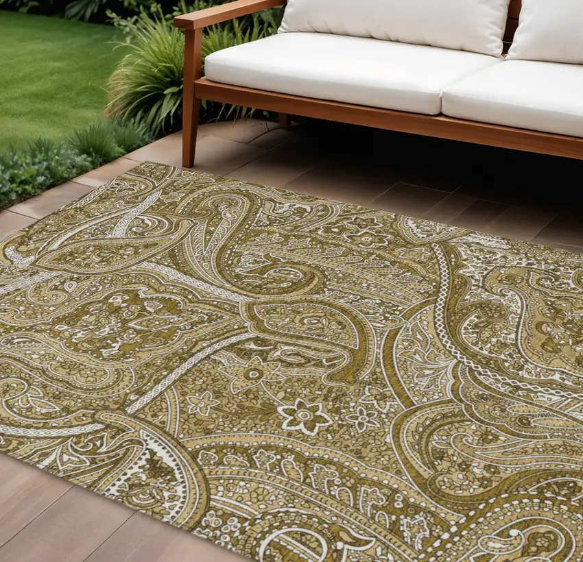 Brown Tan And Beige Paisley Washable Indoor Outdoor Area Rug Photo 1