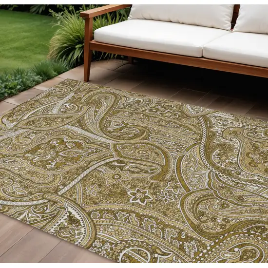 Brown Tan And Beige Paisley Washable Indoor Outdoor Area Rug Photo 1
