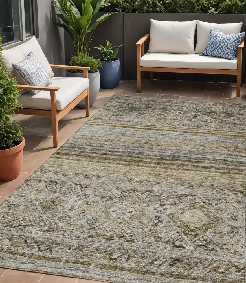 Brown Tan And Black Floral Washable Indoor Outdoor Area Rug Photo 1