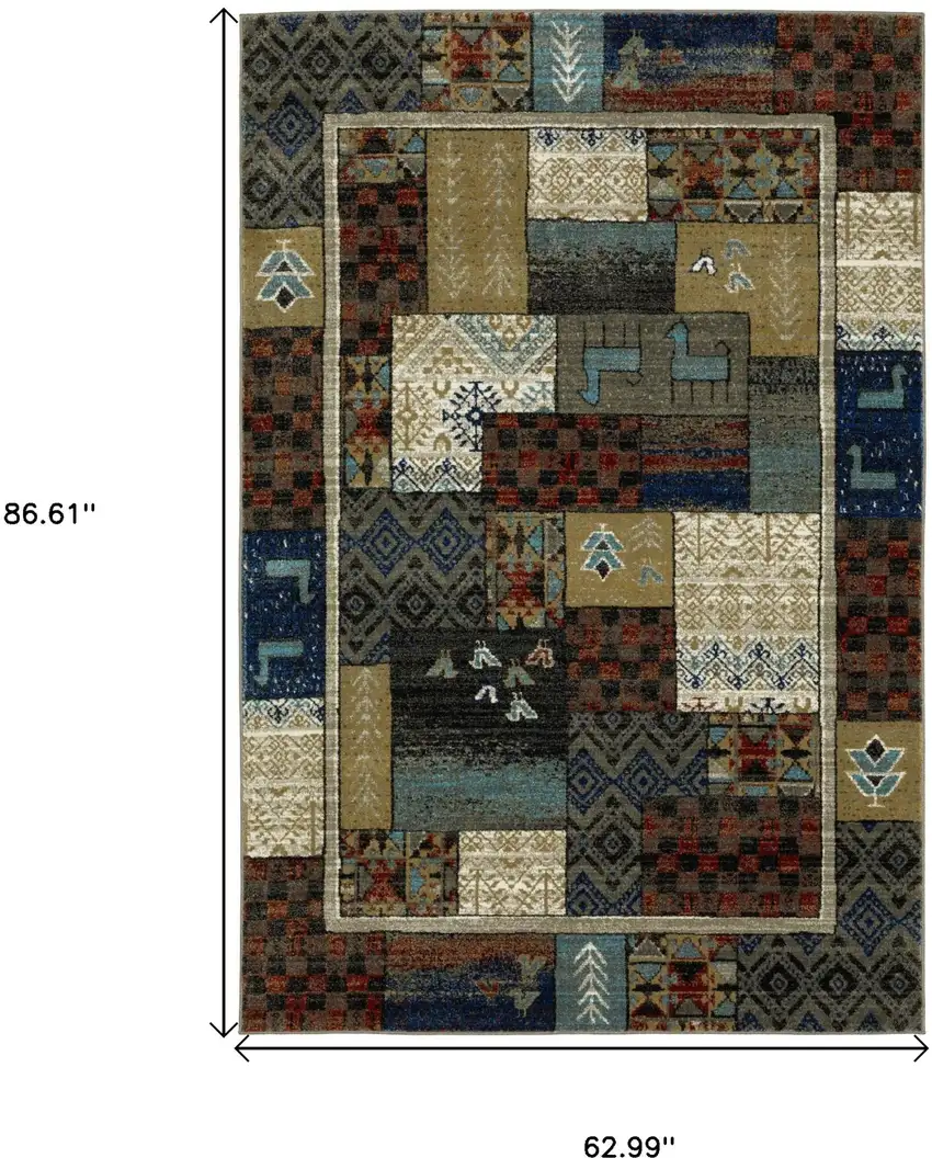 Brown Tan And Blue Patchwork Area Rug Photo 3