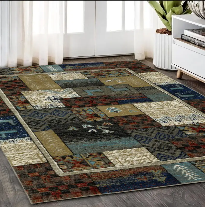Brown Tan And Blue Patchwork Area Rug Photo 1
