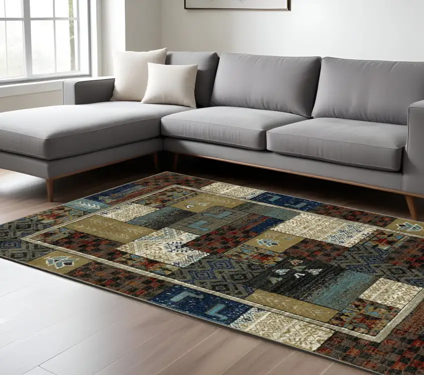 Brown Tan And Blue Patchwork Area Rug Photo 1