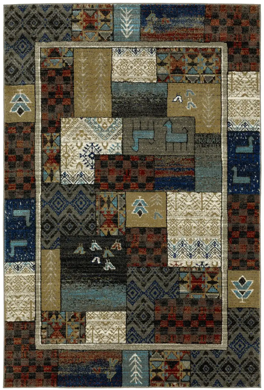 Brown Tan And Blue Patchwork Area Rug Photo 2