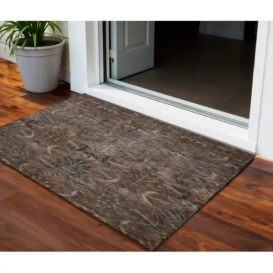 Brown Tan And Charcoal Damask Washable Indoor Outdoor Area Rug Photo 1