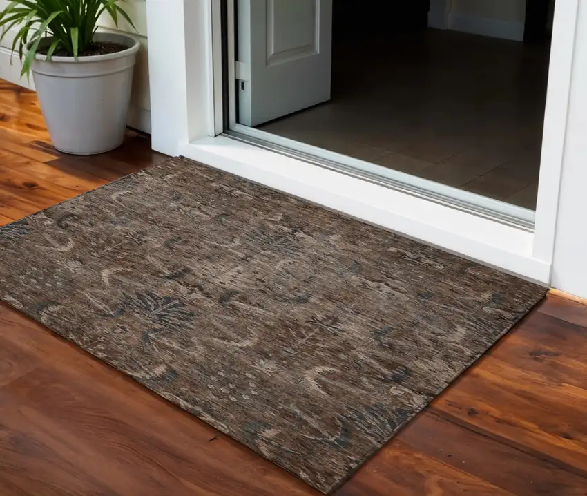 Brown Tan And Charcoal Damask Washable Indoor Outdoor Area Rug Photo 1
