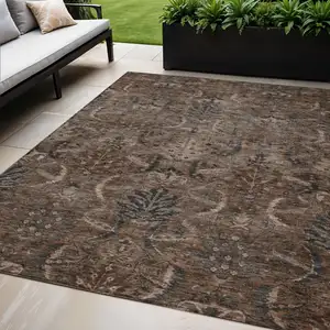 Photo of Brown Tan And Charcoal Damask Washable Indoor Outdoor Area Rug