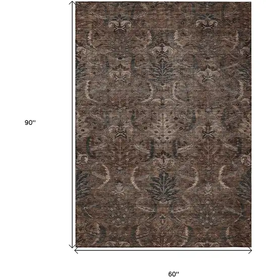 Brown Tan And Charcoal Damask Washable Indoor Outdoor Area Rug Photo 8