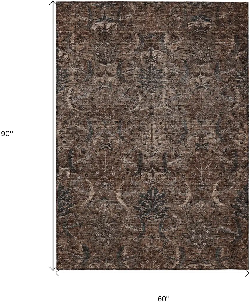 Brown Tan And Charcoal Damask Washable Indoor Outdoor Area Rug Photo 8