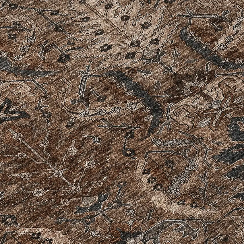 Brown Tan And Charcoal Damask Washable Indoor Outdoor Area Rug Photo 9