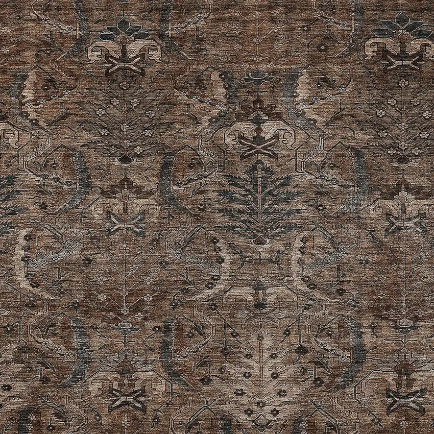 Brown Tan And Charcoal Damask Washable Indoor Outdoor Area Rug Photo 5