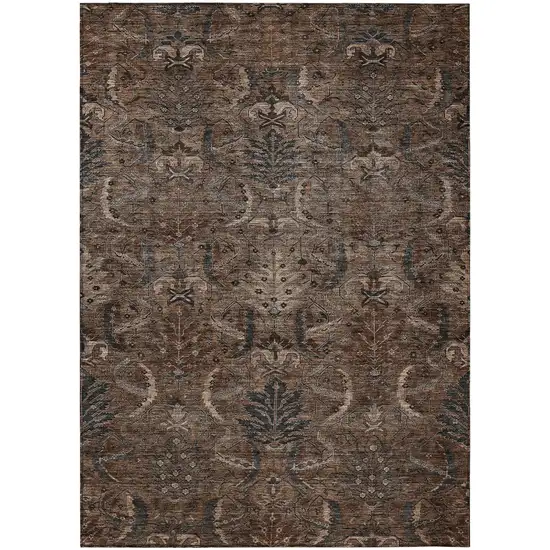 Brown Tan And Charcoal Damask Washable Indoor Outdoor Area Rug Photo 2