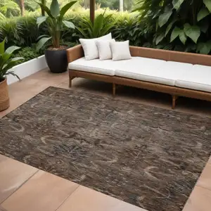 Photo of Brown Tan And Charcoal Damask Washable Indoor Outdoor Area Rug