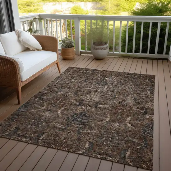 Brown Tan And Charcoal Damask Washable Indoor Outdoor Area Rug Photo 7