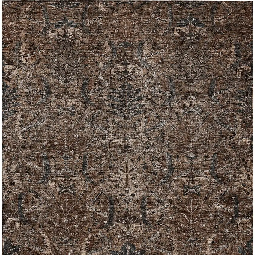 Brown Tan And Charcoal Damask Washable Indoor Outdoor Area Rug Photo 6