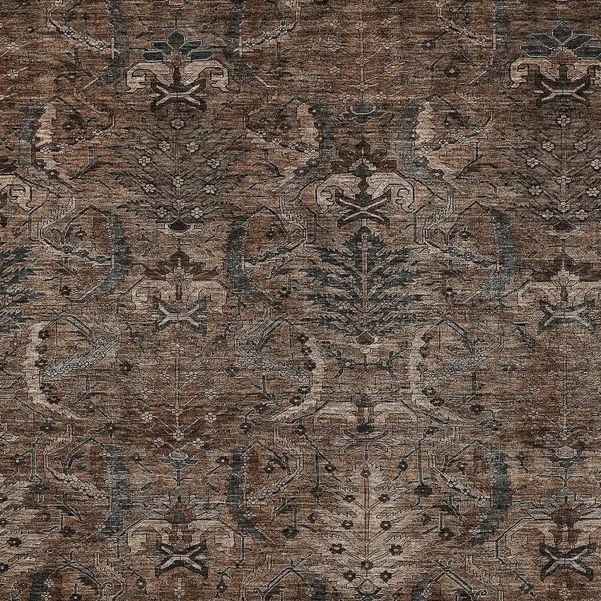 Brown Tan And Charcoal Damask Washable Indoor Outdoor Area Rug Photo 5