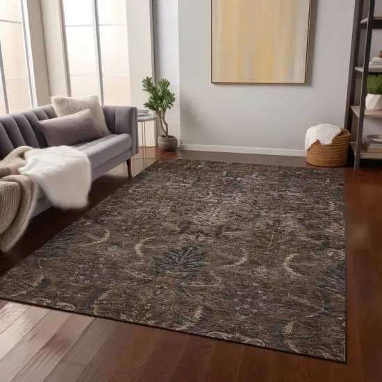 Brown Tan And Charcoal Damask Washable Indoor Outdoor Area Rug Photo 9