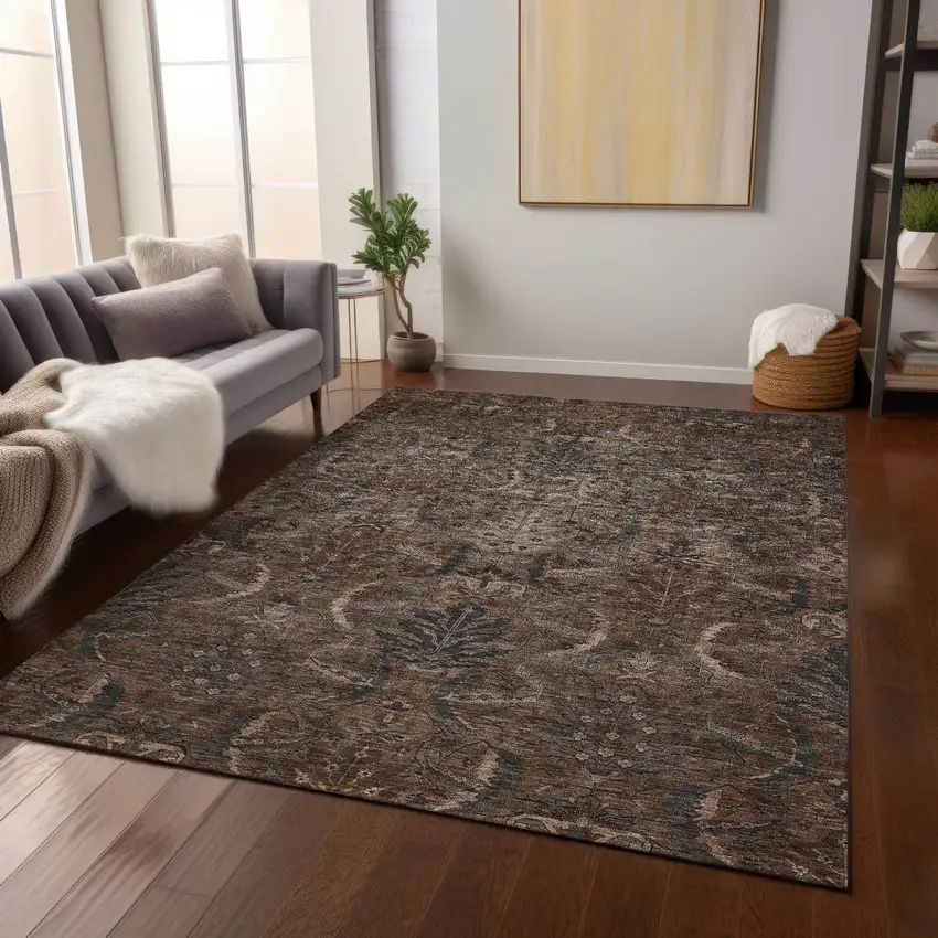Brown Tan And Charcoal Damask Washable Indoor Outdoor Area Rug Photo 9