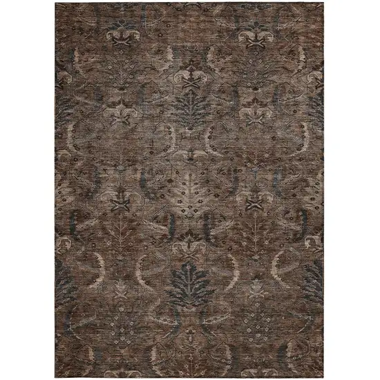 Brown Tan And Charcoal Damask Washable Indoor Outdoor Area Rug Photo 6