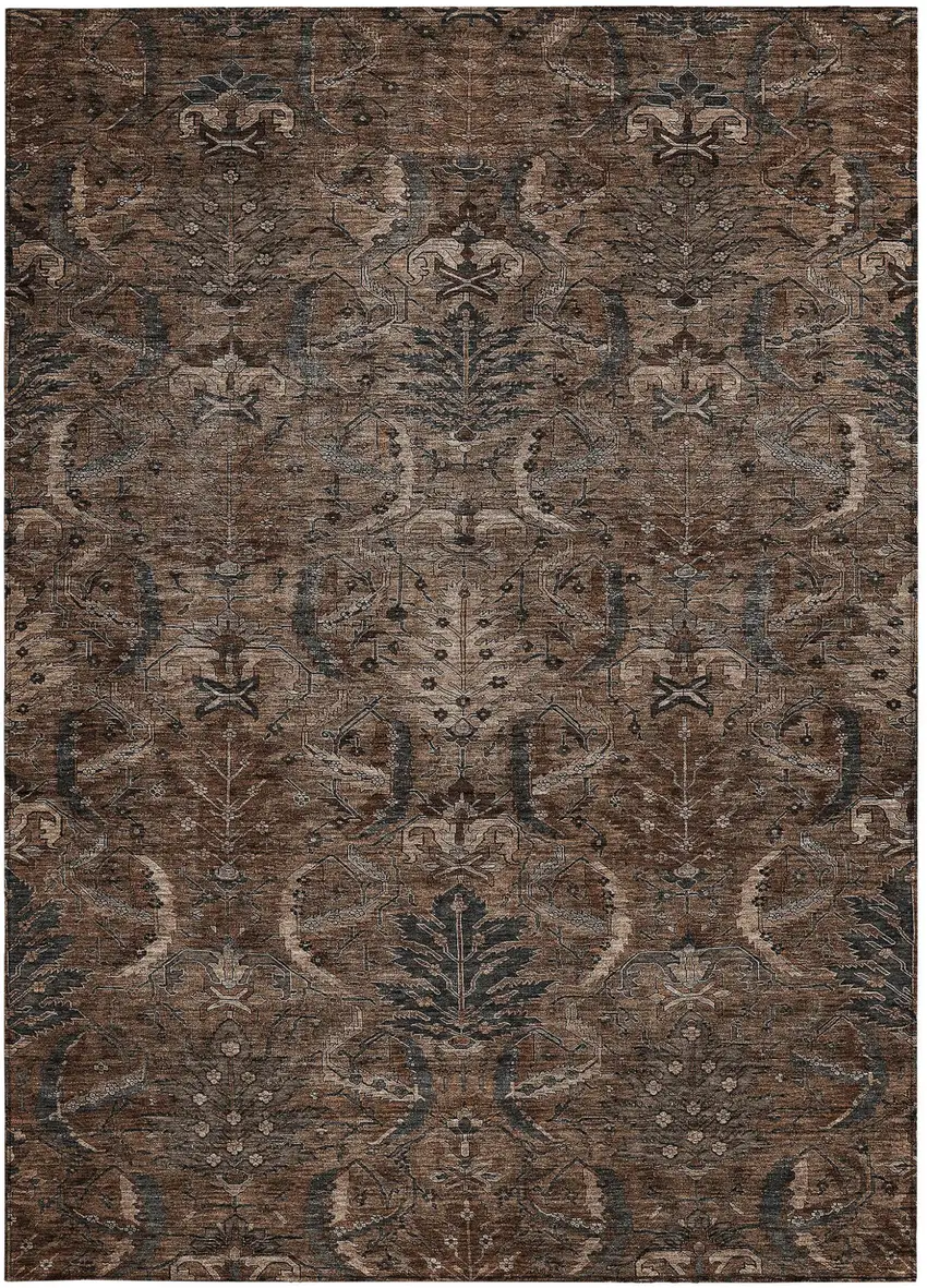 Brown Tan And Charcoal Damask Washable Indoor Outdoor Area Rug Photo 6