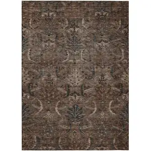 Photo of Brown Tan And Charcoal Damask Washable Indoor Outdoor Area Rug