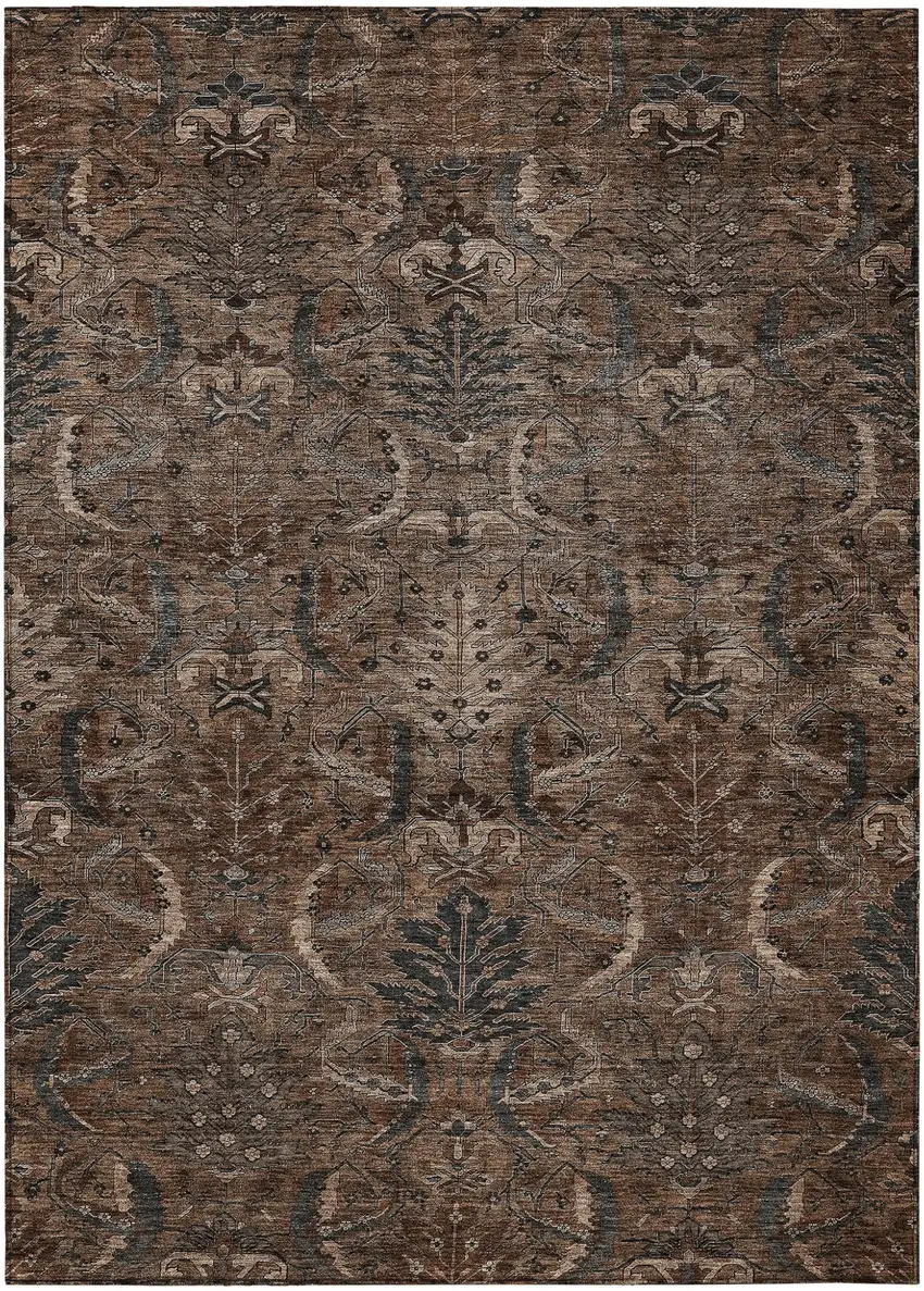 Brown Tan And Charcoal Damask Washable Indoor Outdoor Area Rug Photo 2