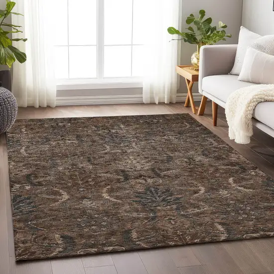 Brown Tan And Charcoal Damask Washable Indoor Outdoor Area Rug Photo 8
