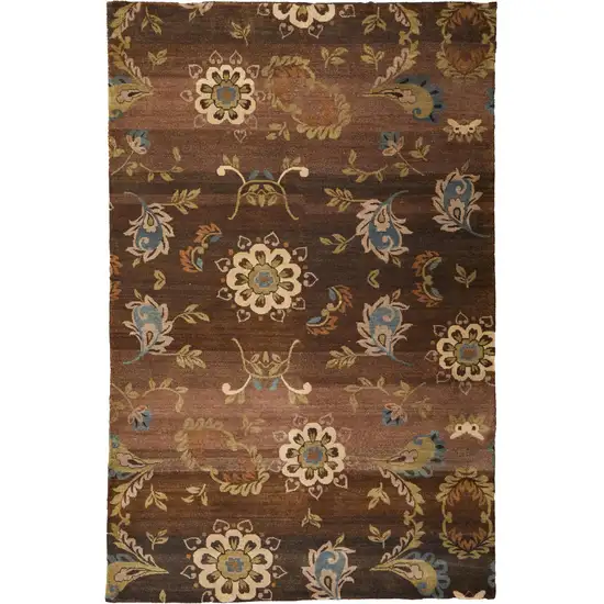 Brown Tan And Green Wool Floral Hand Knotted Area Rug Photo 2