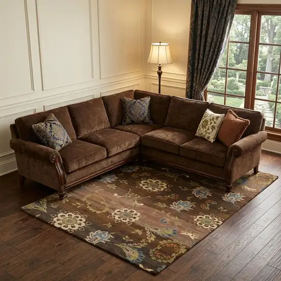 Brown Tan And Green Wool Floral Hand Knotted Area Rug Photo 1