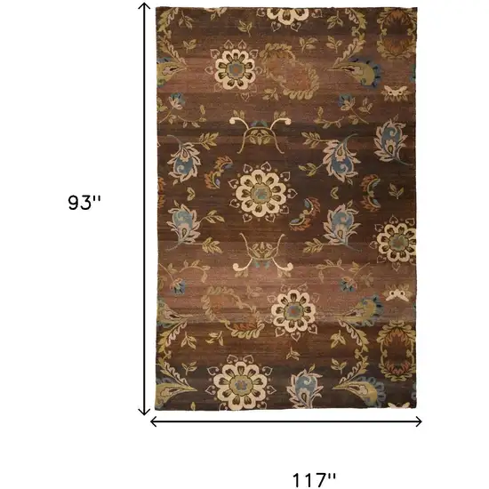Brown Tan And Green Wool Floral Hand Knotted Area Rug Photo 9