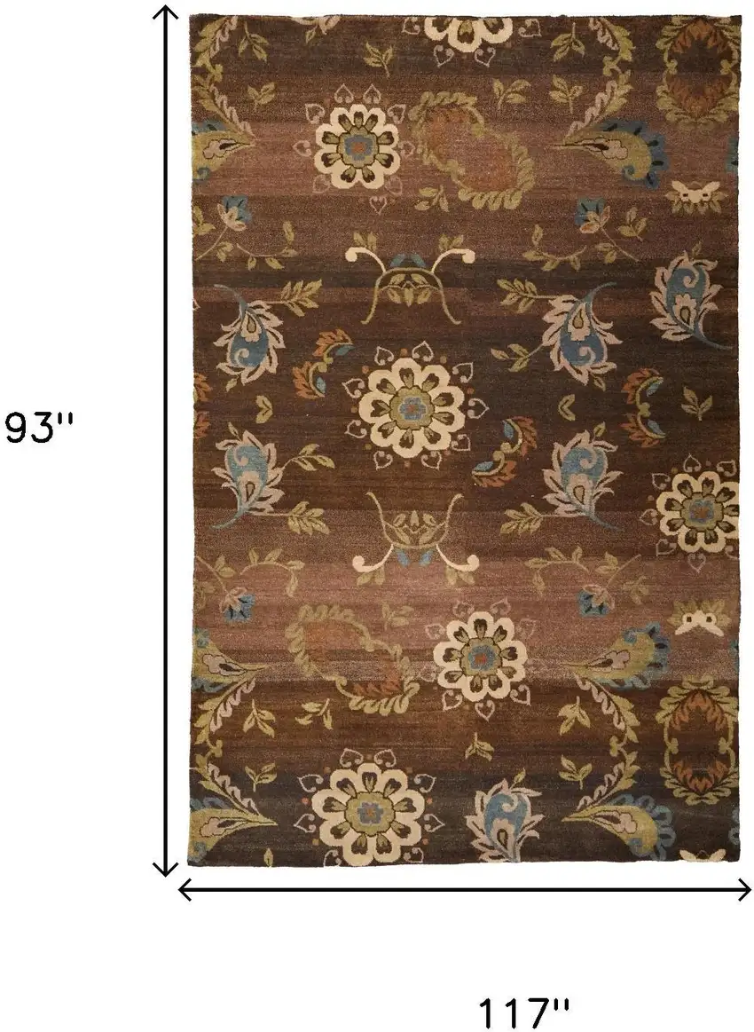 Brown Tan And Green Wool Floral Hand Knotted Area Rug Photo 9