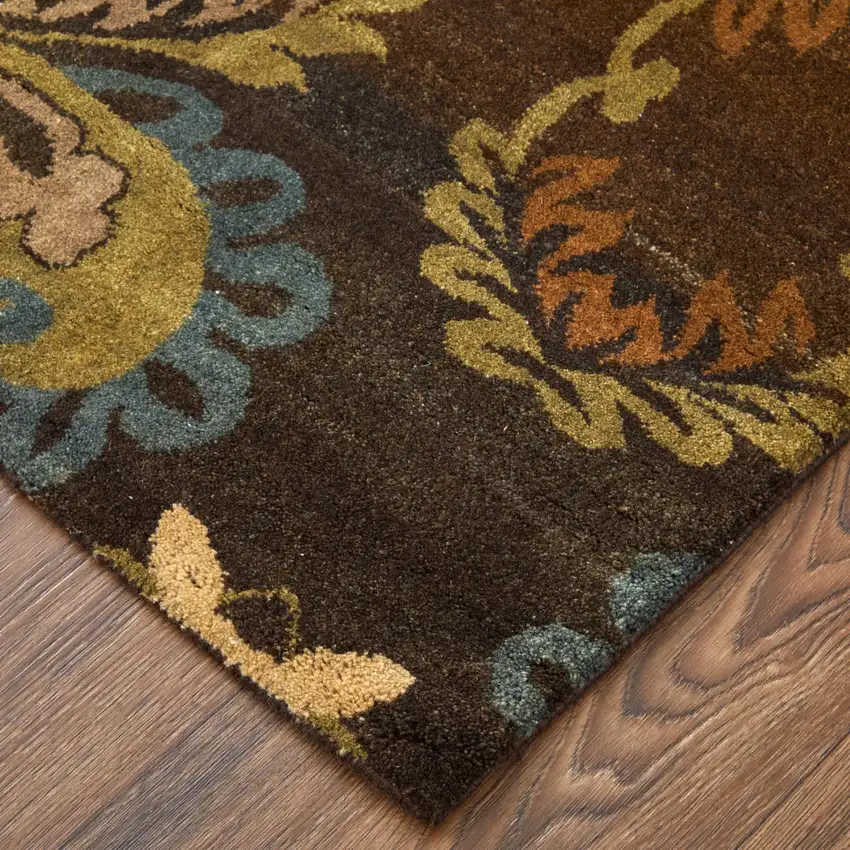 Brown Tan And Green Wool Floral Hand Knotted Area Rug Photo 3