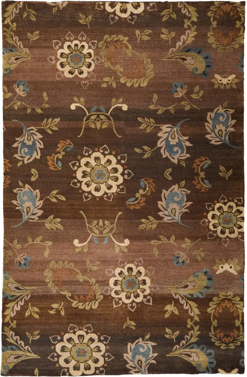 Brown Tan And Green Wool Floral Hand Knotted Area Rug Photo 2