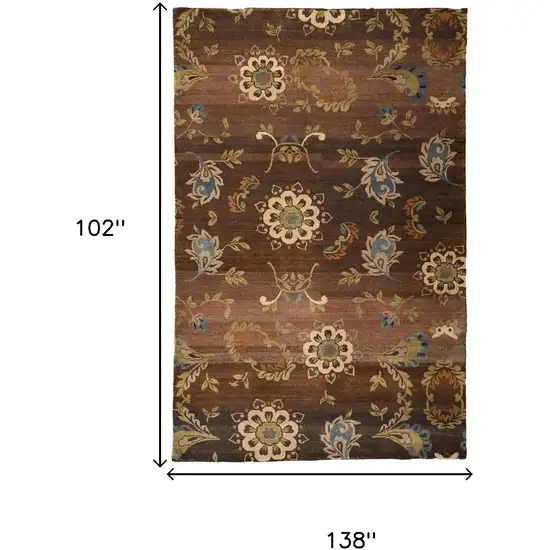 Brown Tan And Green Wool Floral Hand Knotted Area Rug Photo 9