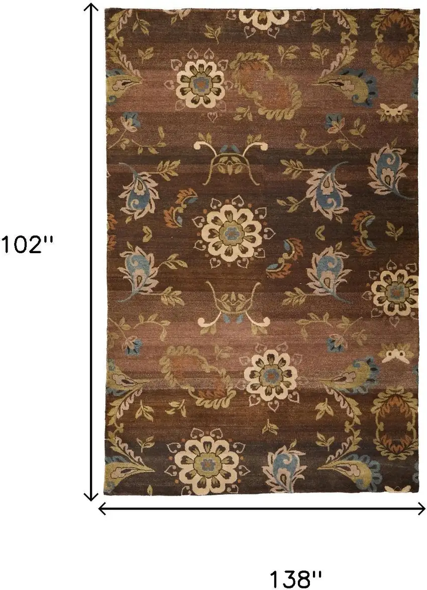 Brown Tan And Green Wool Floral Hand Knotted Area Rug Photo 9