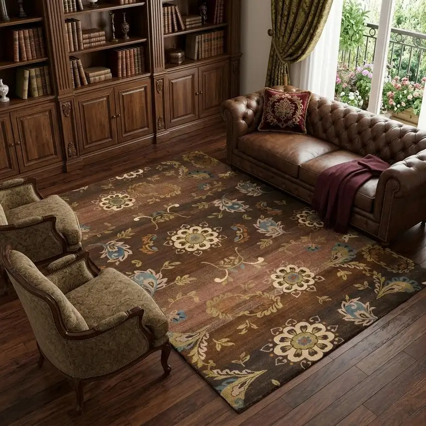 Brown Tan And Green Wool Floral Hand Knotted Area Rug Photo 1