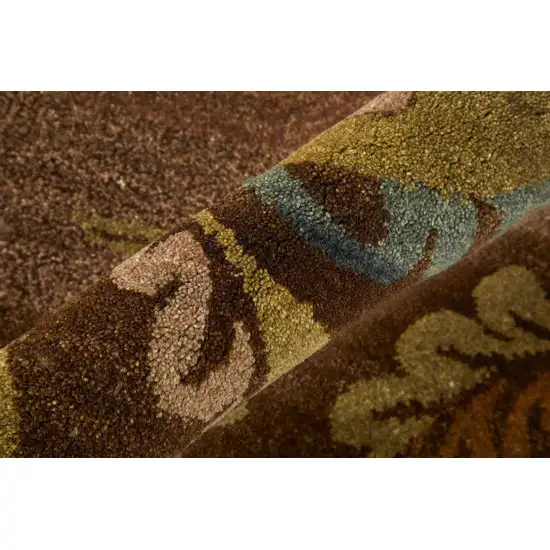 Brown Tan And Green Wool Floral Hand Knotted Area Rug Photo 5