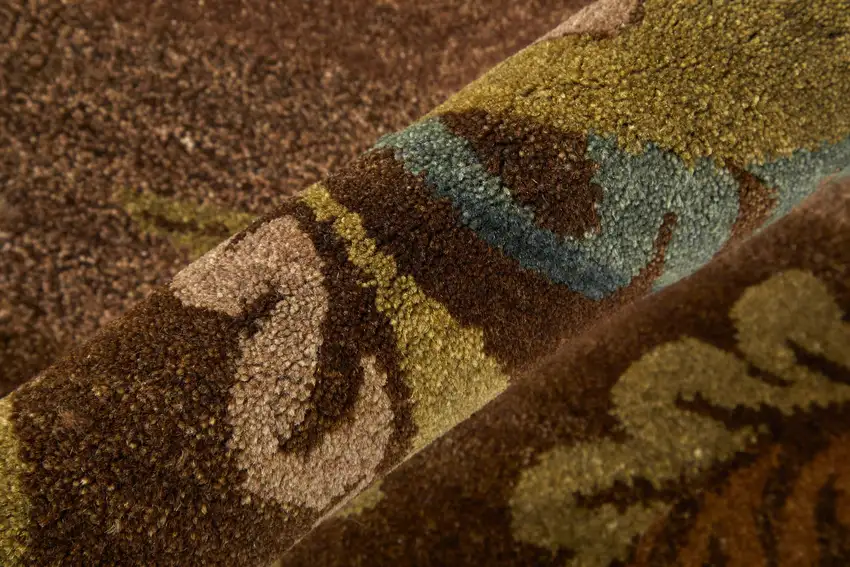 Brown Tan And Green Wool Floral Hand Knotted Area Rug Photo 5